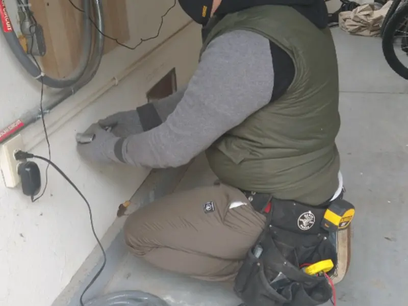 Electrician performing outlet wiring in a South Sioux City garage